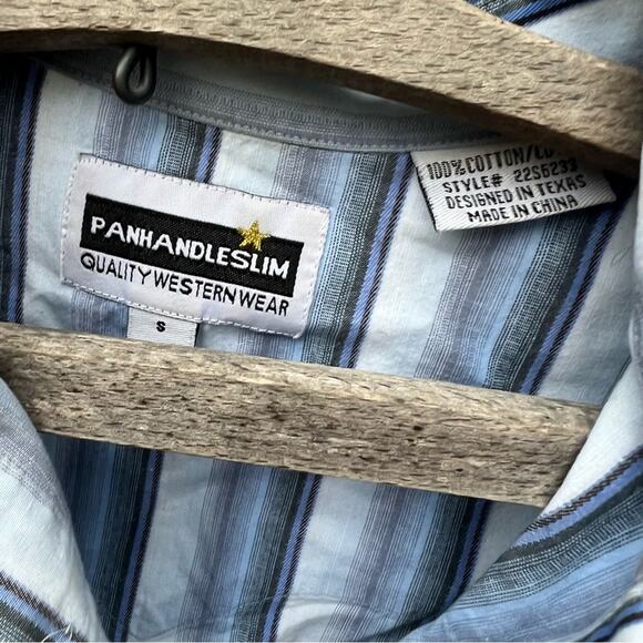 Vintage 90s Panhandle Slim long sleeve pearl snap blue stripe shirt smocked side - Picture 4 of 4